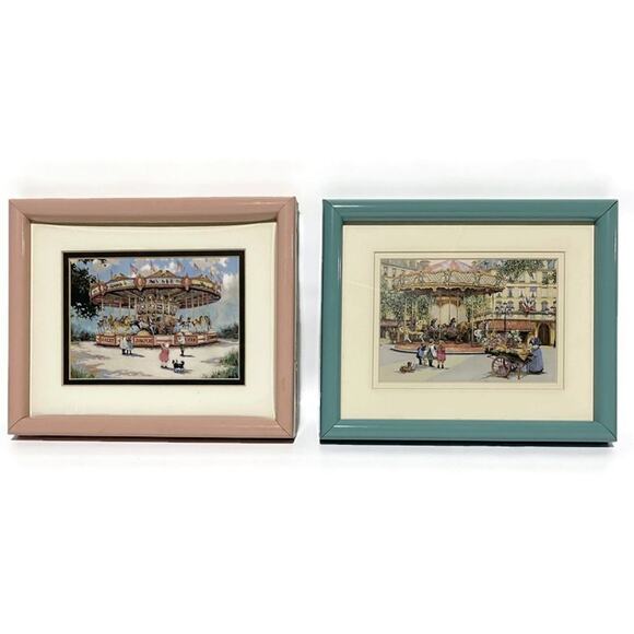 French City Scene and Children's Carousel Prints Framed Double Matted Lot of 2 - Picture 1 of 7
